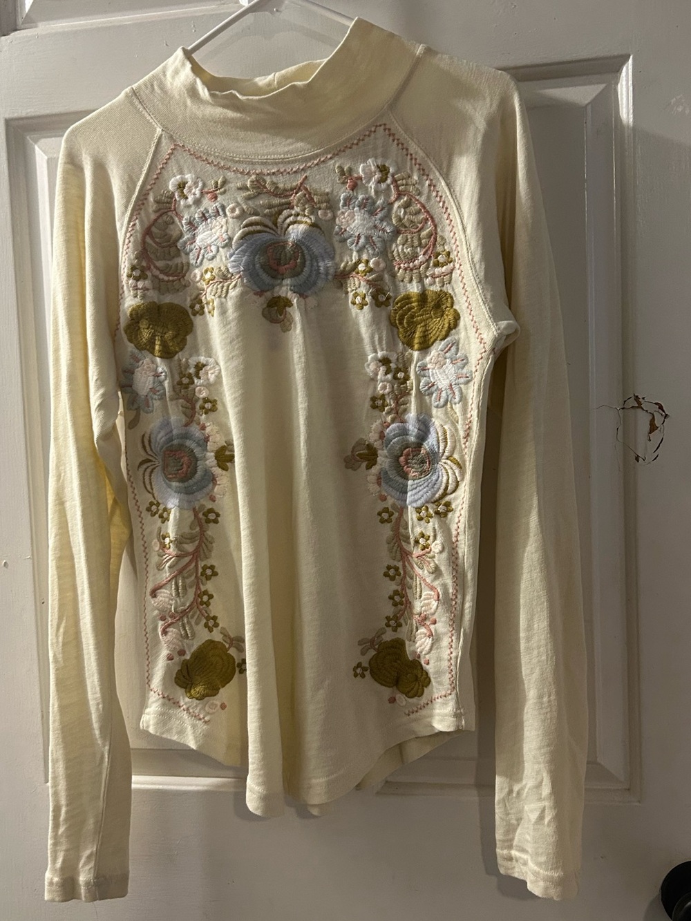 Free People Cream Long Sleeve Top with Pastel Floral Embroidery